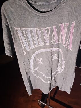 NIRVANA Vintage-Style Short Sleeve Tee in Faded Green with Pink & White Print